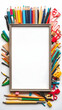 © CraftyStarVisual - An inviting still life of stationery supplies surrounding a blank framed canvas. An inspirational display of stationery supplies arranged on white background