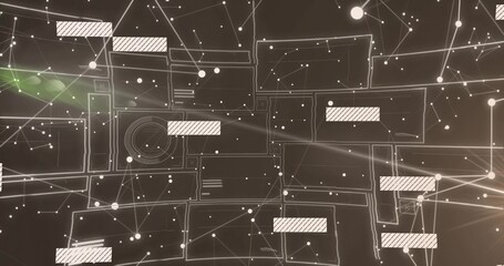 Wall Mural - Displaying network of translucent panels in virtual interface, with white nodes, lines and flares