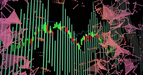 Wall Mural - Showing candlestick chart with green bars and blue trendline on dashboard with pink network nodes