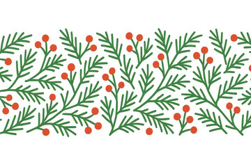 Wall Mural - Christmas evergreen border with red berries, seamless festive nature decoration, transparent background