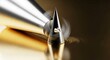 © Elginstock - Abstract Metal Cone Spinning on Golden Reflective Surface Modern Design.