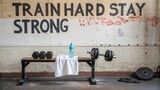 Fitness training area with dumbbells, towel, water bottle, and motivational wall art for gym enthusiasts and athletes