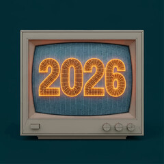 An old television screen displays the glowing year 2026 against a dark background.