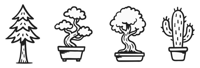 Tree and Cactus Doodle Illustration Collection Isolated on Transparent Background, Generative AI