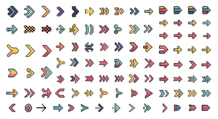 A collection of diverse pixel art directional arrow icons for user interface design.