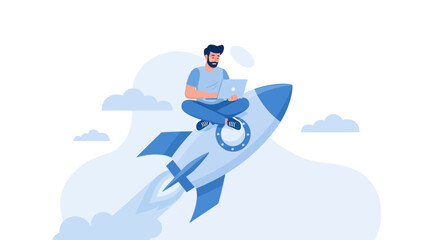 Entrepreneur Launches Digital Venture While Using Laptop, Soaring High in the Innovation Space