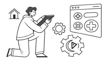 Young developer programming a new mobile video game application on a digital tablet with user interface elements and settings icons illustration