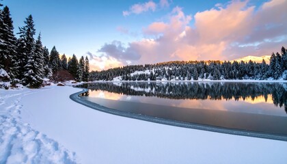Wall Mural - Serene winter landscape with snow-covered trees reflecting in a calm lake during sunset