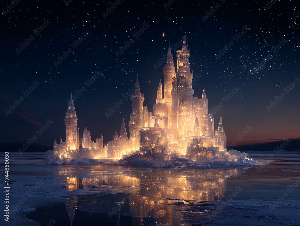 Glowing ice castle on frozen lake at night, fantasy crystal palace with ...