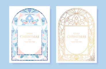 Wall Mural - Christmas and Happy Holidays card vector set. Glasswork decorative, gothic stained glass and christmas ornament on white background. Design illustration for poster, cover, product, ads.