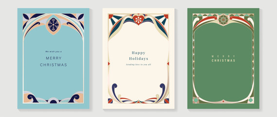 Wall Mural - Christmas and Happy Holidays card vector set. Glasswork decorative, gothic stained glass and snowflake on blue, green and light background. Design illustration for poster, cover, product, ads.
