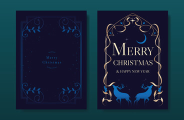 Wall Mural - Christmas and Happy Holidays card vector set. Luxury gold victorian frame, reindeer, leaves branch on navy blue background. Design illustration for poster, cover, invitation, ads.