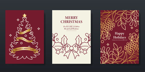Wall Mural - Christmas and Happy Holidays card vector set. Christmas tree, holly leaves, ribbon in line art on red and beige background. Design illustration for poster, cover, product, ads.