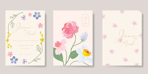 Wall Mural - Wedding invitation card background vector set. Minimal hand drawn  flower, leaves in watercolor texture. Design for wedding, vip cover template, rsvp modern card, poster.