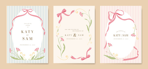 Wall Mural - Wedding invitation card background vector set. Minimal hand drawn ribbon frame and flower. Design for wedding, vip cover template, rsvp modern card, poster.