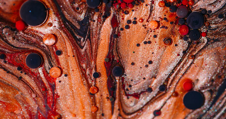 Wall Mural - Bubble texture. Paint mix. Defocused orange red purple color sparkling round acrylic oil fluid collagen circle on abstract art background.