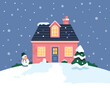 © Luis B. Webb - Cozy Winter House with Snowman and Pine Tree – Snowfall Night Holiday Scene, Festive Christmas Home Illustration for Greeting Cards, Prints, and Seasonal Decoration