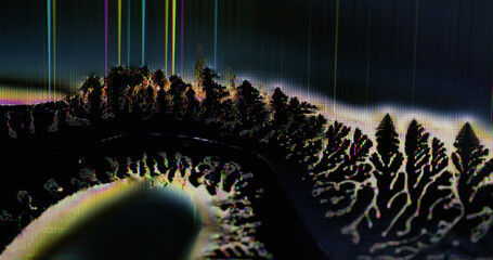 Liquid crystal. Screen error. Yellow dark black color explode noise vibration splash purple lines pattern on art abstract bokeh background.