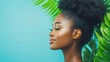 © mashimara - Serene Beauty and Tropical Bliss: A graceful individual with closed eyes enjoys moment serenity surrounded by lush green foliage, against a refreshing background