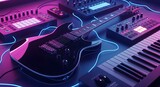 Electric guitar surrounded by electronic music production equipment and synthesizers with neon blue lighting