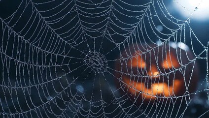 Halloween spider web with glowing pumpkins in dark forest