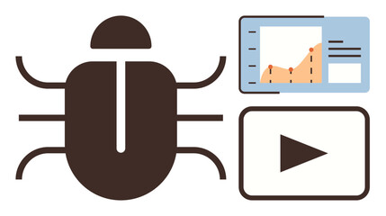 Bug icon with analytics graph and video play button, representing software testing, debugging, and coding. Ideal for web development, analytics, cybersecurity, quality assurance, programming digital