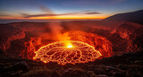 Aweinspiring view of an active volcano with a vast lava lake glowing brightly at dusk, showcasing the raw power and beauty of natures forces