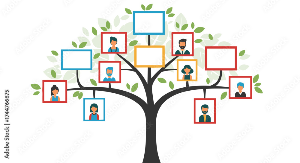 Visual representation of a family tree with portraits of ancestors and ...