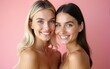 © Carol - Portrait of two young, beautiful blonde and brunette girls with nude makeup isolated over pink studio background. Concept of skincare, cosmetology, natural beauty. High quality