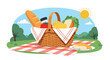 © OtherGRX18 - A delightful summer picnic basket overflowing with delicious food on a checkered blanket.