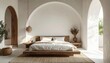 © Jarvis - Serene bedroom interior showcasing minimalist design, a low wooden platform bed, and clean white bedding beneath a large archway bathed in natural sunlight, featuring natural wood accents and decor.
