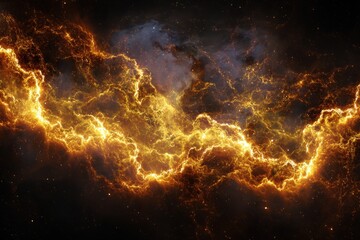 Wall Mural - Exploring a cosmic nebula filled with fiery gold hues and dark expansive regions in the vastness of space