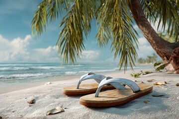 Wall Mural - Relaxing summer holiday background featuring flip flops on sandy beach near palm trees and ocean waves under a clear sky with fluffy clouds