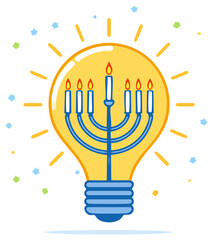Wall Mural - Hanukkah bright idea concept with lit menorah inside a glowing light bulb vector illustration