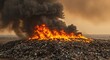 © Roshan - Massive landfill fire erupts sending thick black smoke plumes into the orange sky, a stark environmental disaster unfolding.