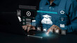 © Blessed Stock - AI Artificial Intelligence and Education technology concept. A man use laptops, Learn lessons and online webinars successfully in modern digital learning, Courses to develop new skills. E-learning.