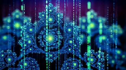 Abstract fractal pattern animation with digital binary rain falling background effect