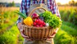 © Muzaki - Farmer holds a basket filled with fresh vegetables in a lush green field at sunset, showcasing the bounty of the harvest and the beauty of rural life.