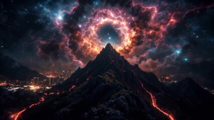 Wall Mural - Cosmic Mountain Peak Fantasy Landscape with Nebula and City Lights