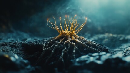 Wall Mural - A surreal golden plant emerges from dark rocky terrain. Its vibrant tendrils reach towards the light. Explore the beauty of nature and imagination. Generative AI.