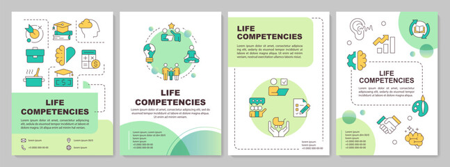 Wall Mural - Life competencies green circle brochure layout. Ability to handle daily challenges. Leaflet advertising design with color line icons. Editable 4 pages. Arial-Bold, Myriad Pro-Regular fonts used