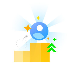 illustration of a user profile icon climbing. account level up, progress, achievement, or upgrade in mobile app or web interface. for UI design, gamification, dashboard, achievement notifications