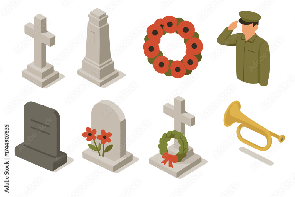 Memorial Day Icon Set. Memorial Remembrance Day set icons in flat ...