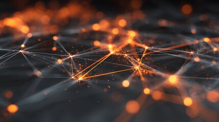 Abstract network background with glowing orange dots and lines connecting them in a dark environment