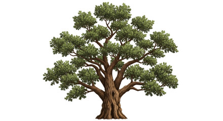 Isolated tree with branches and green foliage, dense crown, beautiful branching system
