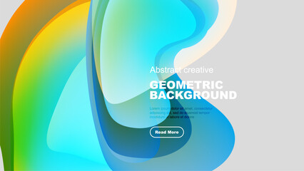 Wall Mural - Abstract fluid shapes, vibrant colors, geometric design. Modern background with text, button for more information.