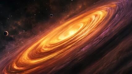 Wall Mural - Dynamic space scene of a glowing galaxy from a tilted angle, showcasing swirling cosmic energy. Ideal for a sci-fi video backdrop. Live desktop wallpaper.