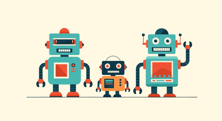 Three Cute Cartoon Robots Standing Together Family Style.