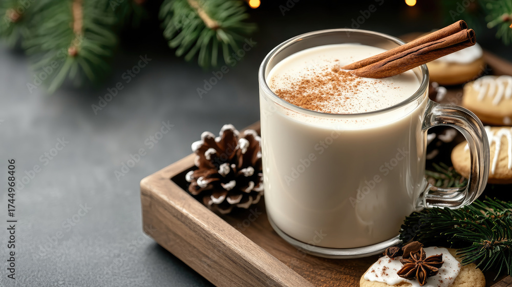 Eggnog in a mug with cinnamon and grated nutmeg, surrounded by ...