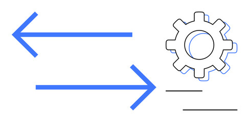 Horizontal arrows pointing in opposite directions with a gear symbolizing process automation, system integration, or workflows. Ideal for innovation, collaboration, progress, solution, system
